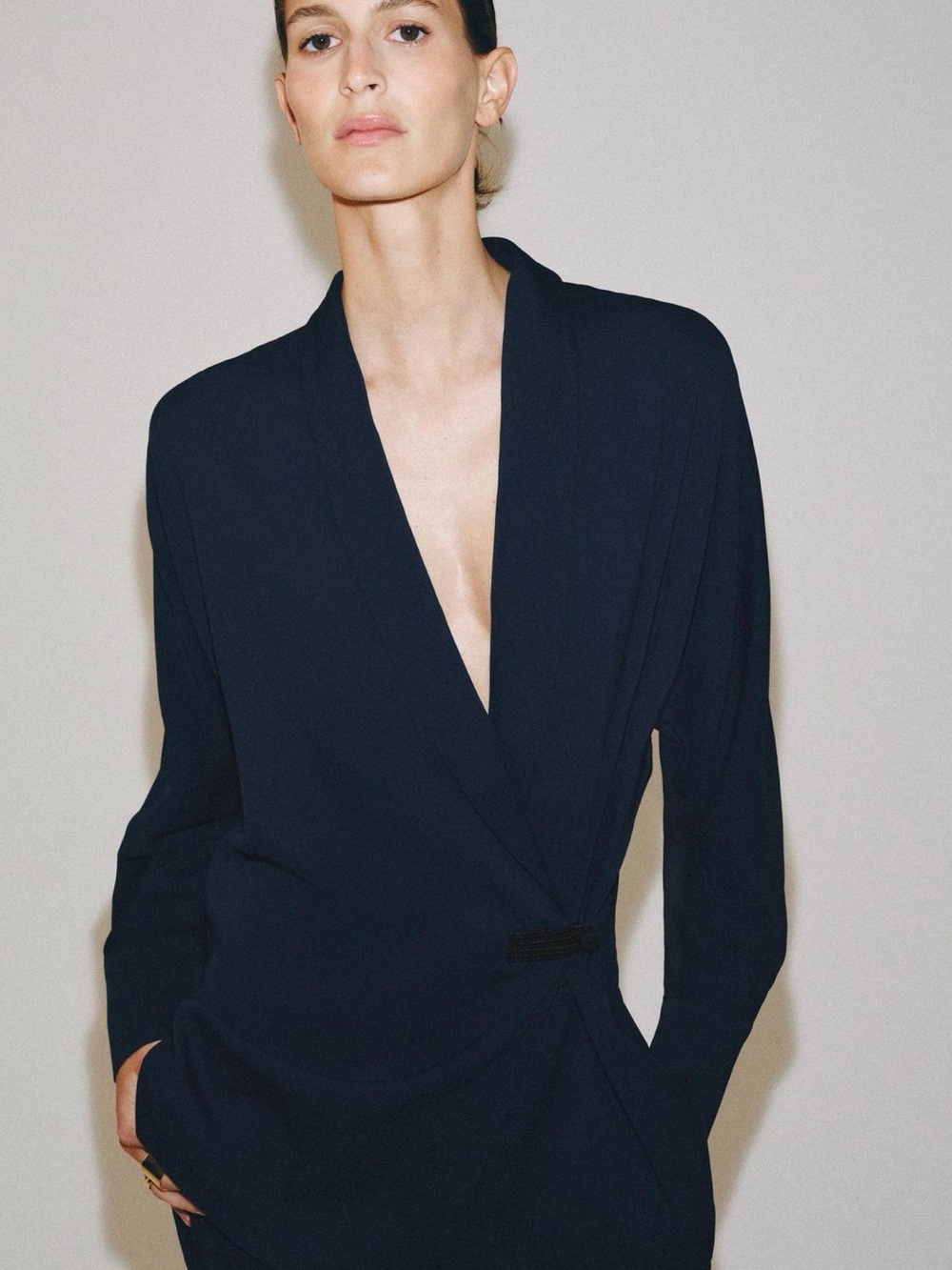 Zara navy blue front wrap flowy blazer jacket